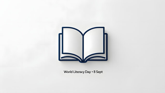 A sleek, professional, and minimalist graphic design featuring a single, bold, open book icon centered on a pure white background, crafted in a flat vector art style with a thin, navy blue outline - Powered by Adobe