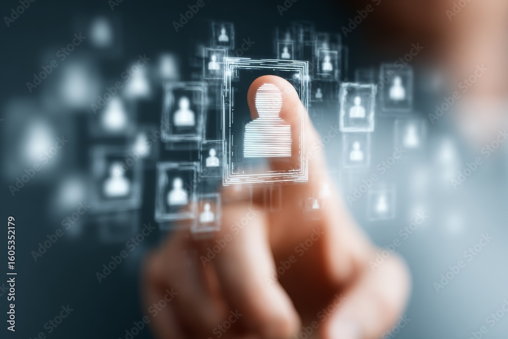 Poster digital interface displays user profiles while a finger selects an icon representing modern technolo