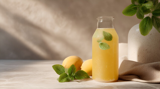 Refreshing citrus beverage with mint garnish, captured in a serene, sunlit setting, ready to quench your thirst