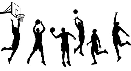 Basketball Players in Action Black Silhouette on White Background silhouette