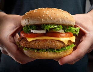 huge juicy and tasty burger in hands fluffy soft burger bun with sesame seeds lots of vegetables and greens cheese and thick cutlet concept of fast food guilty pleasure very tasty food