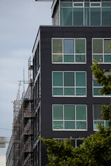 Dark modern office building under overcast sky with large glass windows. Green tree branches soften...