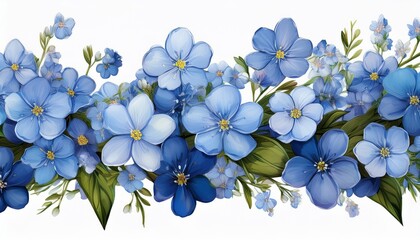 horizontal border with blue forget me not flowers isolated on white background spring theme background botanical floral design in realistic style greetings invitations