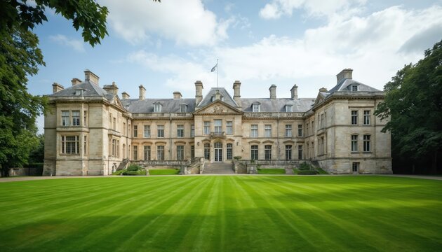 Neoclassic mansion features grand facade, stone columns, large windows, and manicured green lawn. Elegant estate exudes luxury, wealth, and formal symmetry under daylight sky with soft clouds.
