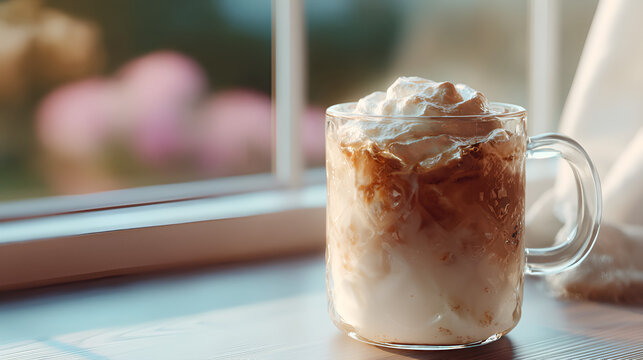 Iced latte with whipped cream by the window on a bright morning. Coffee break and cozy vibes.