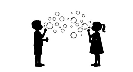 Children Blowing Bubbles Silhouette Illustration on White Background