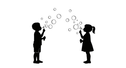 Children Blowing Bubbles Silhouette on White Background