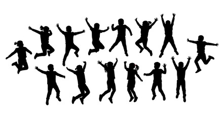 Jumping Children Silhouette on White Background