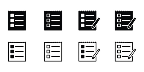 Checklist Document Icons: Black and White, Filled and Outline Styles,  with and without Pencil Vector
