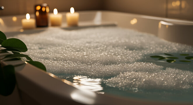 A relaxing bubble bath with candles creates a soothing, tranquil spa-like atmosphere for self care.