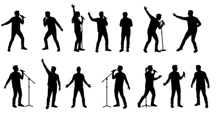 Singers and Performers Silhouettes in Various Poses on White Background silhouette
