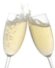 two glasses of champagne in a splashing brindisi isolated on white background, png, ai generated.