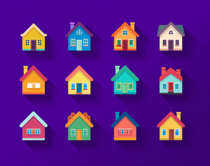 Fototapeta premium Flat vector icon set of houses, simple flat design illustration, white background, different styles and colors, 