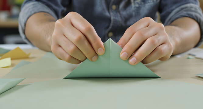 Man's hands carefully folding green paper for origami.