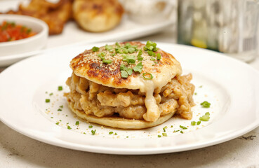 Savory chicken pastilla, crispy, golden brown, layered with creamy filling, cheese. Topped with sesame seeds, fresh green herbs. Delicious food presentation, perfect for culinary blogs restaurant