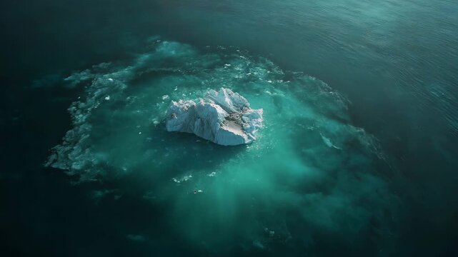 Aerial view of a single iceberg in teal ocean water. The iceberg is white and has an irregular shape. The surrounding water is a deep teal, with lighter areas near the iceberg.