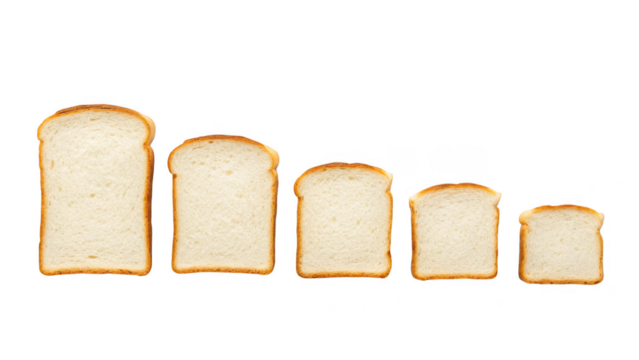 Five slices of white bread arranged in descending size order isolated on transparent background