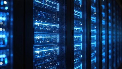 Rows of blue data storage servers glow with activity. Ai generated image captures interior of modern data center, network infrastructure, backup systems, digital security. Architecture evokes