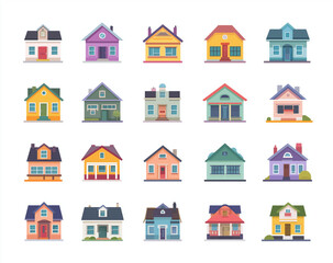 Naklejka premium Flat vector icon set of houses, simple flat design illustration, white background, different styles and colors, 