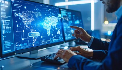 A businessman interacts with data visualizations on multiple computer screens