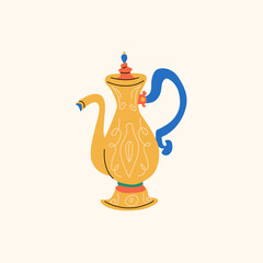 Colorful Hand-Drawn Arabic Coffee Pot Illustration with Intricate Designs and Vibrant Blue Handle on Light Background.Minimalist Coffee Icon for Cafe Branding, Kitchen Wall Art, Stickers,Prints, Menu 