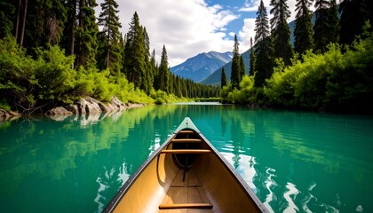 Serene alpine lake canoe view