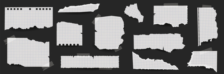 Torn white squared notebook paper pieces set. Ripped note pages with scotch tape. Vector realistic design elements isolated on black background