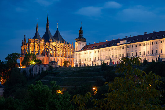 Kutna Hora with it's dominant, St. Barbara's Cathedral, captured illuminated during the blue hour. Romantic atmosphere in UNESCO covered town, Czech Republic.