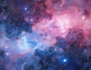 Obraz premium Vibrant cosmic watercolor illustration colorful space background with numerous stars. Mystical, magical backdrop features galaxies, universe elements in pink, blue hues, creating swirling, abstract