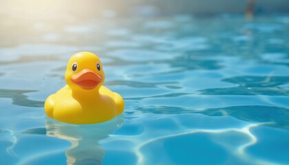 Single yellow rubber duck floats in clean blue swimming pool water under bright sunny light. Classic childhood toy for baby bath time fun. Simple object with bright colors against rippling water