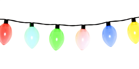 image of a string of colourful christmas fairy light isolated on white background, png, ai generated.