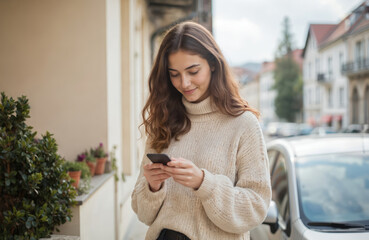 Young woman happily pays using credit card with phone. Female uses mobile banking for online shopping outdoors. Successful purchase transaction on street, urban background.