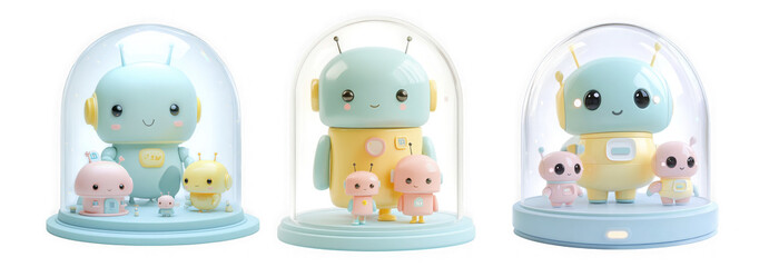 Three cute cartoon octopus toys in clear domes with smaller octopus figures isolated on transparent background