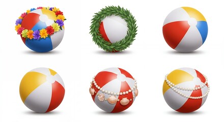Collection colorful beach balls decorated with flower and seashell design elements