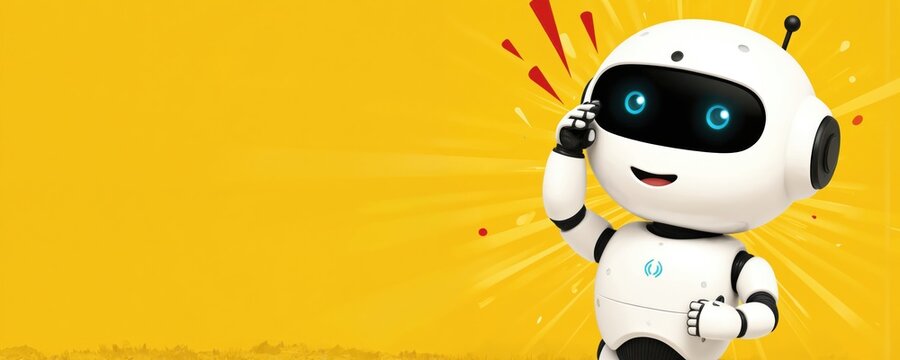 Cute robot character waving hello against vibrant yellow background. Modern AI tech concept illustration suitable for websites, banners. Features friendly robot with bright blue eyes, touching