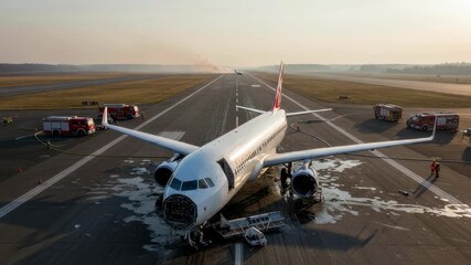Emergency airplane landing on runway with firefighting and rescue teams present after incident footage.