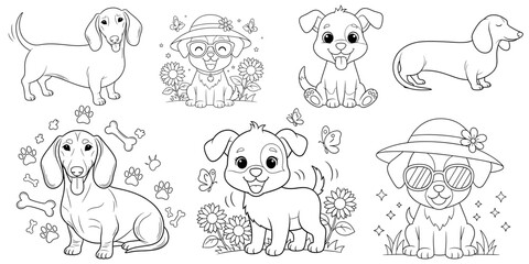 Fototapeta premium Charming Dachshund Doodle Characters – Hand-Drawn Black and White Vector Line Art Set of 4 Playful and Minimalist Designs on Clean White Background (1)