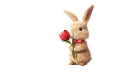 Adorable rabbit character gently grasping a tulip with a tender smile and pastel-colored bow isolated on transparent background PNG