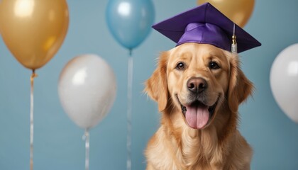 Golden Retriever dog in graduation cap and gown, celebrating achievement with balloons. Playful pet portrait captures humorous moment of furry friend success, pride, and joy.