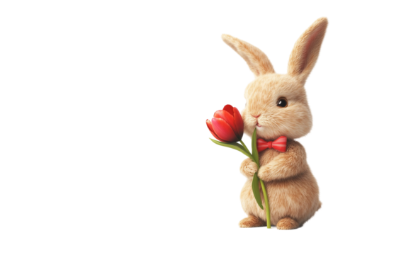 Adorable rabbit character gently grasping a tulip with a tender smile and pastel-colored bow isolated on transparent background PNG