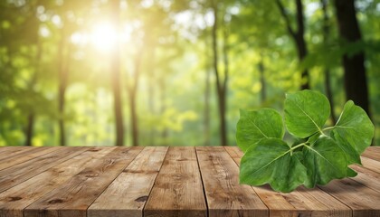 Rustic wooden table surface with vibrant green moringa leaves. Sunlit forest background offers ample copy space for product placement. Natural, organic setting ideal for wellness, food, lifestyle