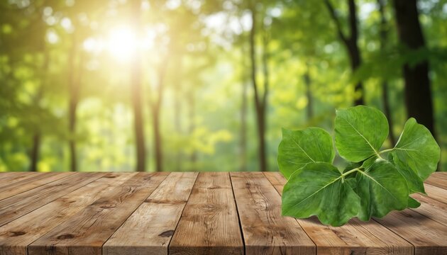 Rustic wooden table surface with vibrant green moringa leaves. Sunlit forest background offers ample copy space for product placement. Natural, organic setting ideal for wellness, food, lifestyle