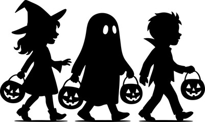 Silhouetted children in halloween costumes a witch a ghost and a vampire trick or treating with jack o lantern buckets