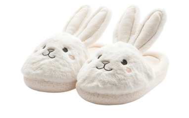 Cute bunny slippers with floppy ears and embroidered faces designed for comfort and playful charm isolated on transparent background PNG