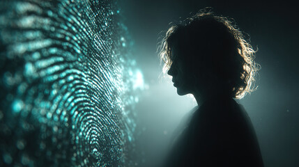 A person's silhouette observing a glowing fingerprint, symbolizing technology and security.