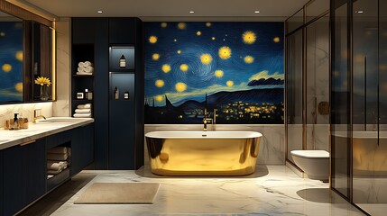 Luxurious modern bathroom with starry night mural