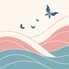 A flock of dark blue butterflies gracefully flies over abstract pastel waves in a serene and minimalist landscape