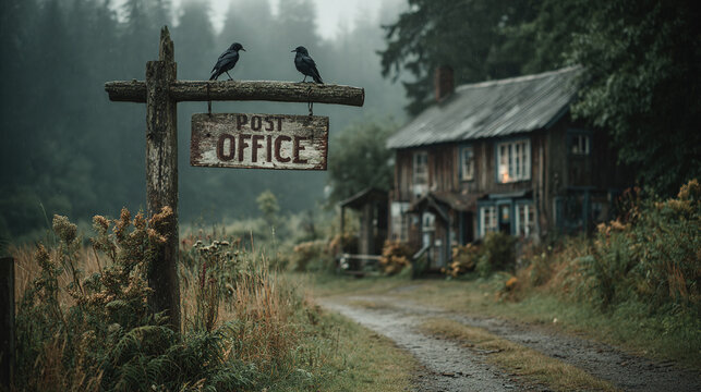 An old post office sits in the countryside, with crows perched on the sign in a misty setting.