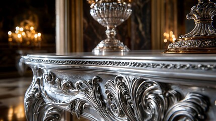 Ornate silver table detail in grand room