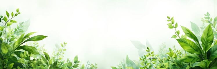 Obraz premium Watercolor illustration features green foliage border, framing empty space for text. Tropical leaves, plants in varying shades of green create natural backdrop, perfect for website headers, banners,